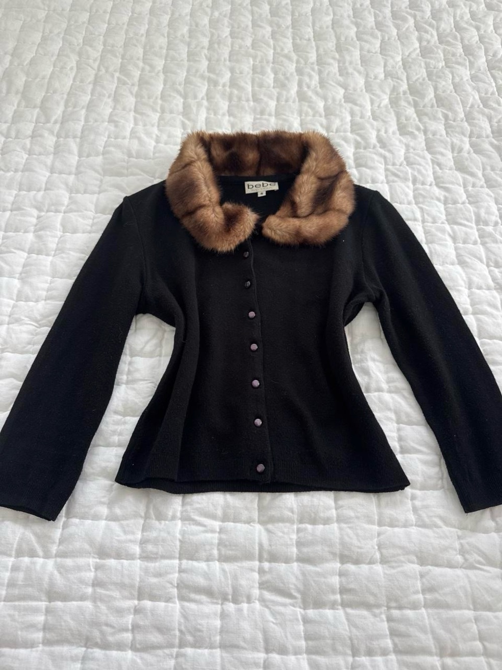 BEBE Black Knit Cardigan with Brown Fur Collar - Picture 2 of 3